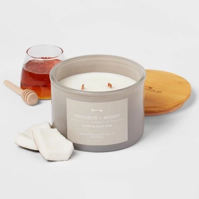 GUEST_49910140-50ed-4b49-9d77-e432059cd2cf.jpg 14oz Lidded Gray Glass Jar Crackling Wooden 3-Wick Candle with Paper Label Coconut and Honey - Threshold™ -Threshold Sales Shop GUEST 49910140 50ed 4b49 9d77 e432059cd2cf