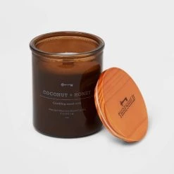 Amber Glass Coconut and Honey Lidded Wooden Wick Jar Candle 9oz - Threshold™ -Threshold Sales Shop GUEST ab193ced 43b6 4bf0 bd68 109a096226b4