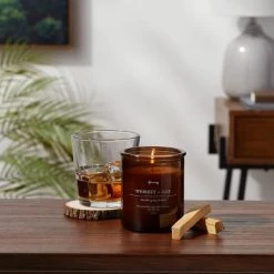 Amber Glass Whiskey + Oak Lidded Wood Wick Jar Candle 9oz - Threshold™