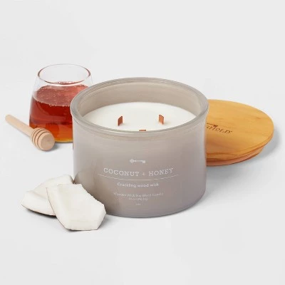GUEST_c1ddd42b-8509-4dea-8bc4-2926df3a61b7.jpg 14oz Lidded Gray Glass Jar Crackling Wooden 3-Wick Candle with Clear Label Coconut and Honey - Threshold™ -Threshold Sales Shop GUEST c1ddd42b 8509 4dea 8bc4 2926df3a61b7